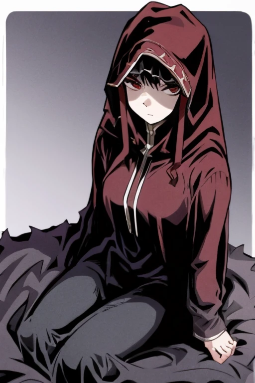 No name assassin, 1girl, solo, red eyes, cloak, robe, long skirt, mask, hood, best quality, masterpiece, cape, black cape, two-sided cape, bedroom, room, sitting