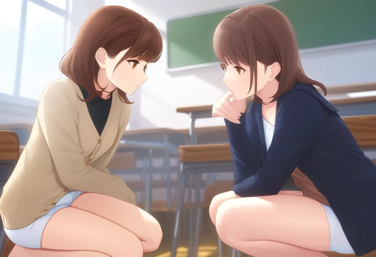 highest quality,((2 girls:1.5)), (cardigan)、eight-headed body, Put your knees on your chest:1.5, ((high school student)), ((classroom:1.5)), (White panties:1.5), Brown hair