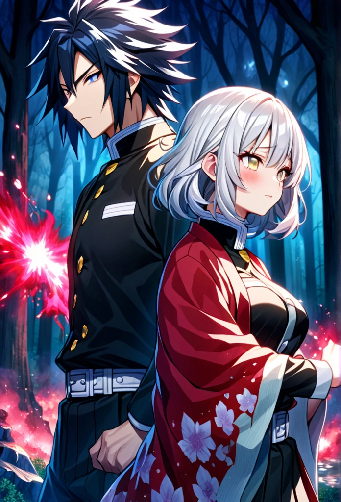 Ultra detailed, high resolution, absurd, HDR, masterpiece, anime girl and boy, beautiful woman (with long white hair with deep red streaks, woman (with yellow eyes), the woman (is wearing a red haori), in black demon slayer corps uniform, Kimetsu No Yaiba, fantasy, handsome, Tomioka Giyu, Hashira, Tomioka is serious, couple, night, forest, best quality, extremely detailed face, anime, the girl is really hurt, the girl is covered in blood , Tomioka is a strong man , Tomioka is trying to protect the pretty girl