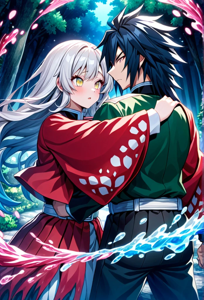 Ultra detailed, high resolution, absurd, HDR, masterpiece, anime girl and boy, beautiful woman (with long white hair with deep red streaks, woman (with yellow eyes), the woman (is wearing a red haori), in black demon slayer corps uniform, Kimetsu No Yaiba, fantasy, handsome, Tomioka Giyu, Hashira, Tomioka is serious, couple, night, forest, best quality, extremely detailed face, anime, the girl is really hurt, the girl is covered in blood , Tomioka is a strong man, the girl have a feral expression, the girl is serious, Tomioka Giyu is trying to protect the pretty girl, Tomioka is protecting his lover, both are powerfull, powerfull couple, water and blood power, water hashira, blood hashira