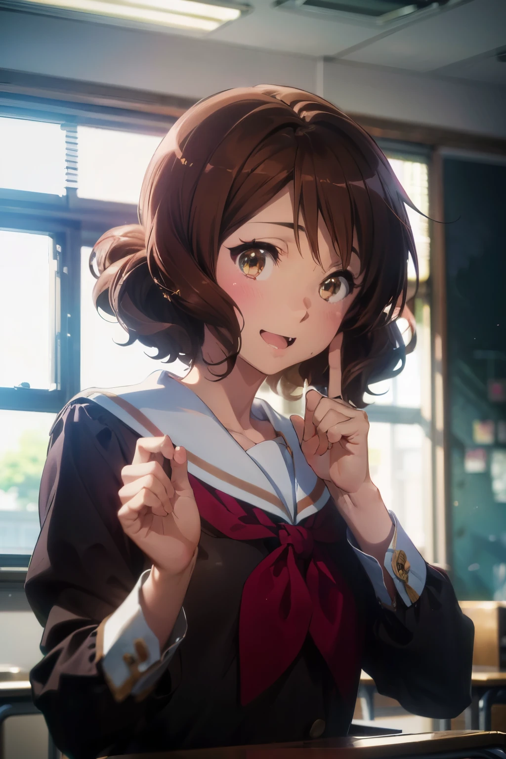 (Best image quality, 8K, high quality, High detail,masterpiece:1.2)、kumiko oumae,summer uniform,Eye Light、Face Light、Sparkling Eyes、solo、1 girl、Look at the viewer、sketch、Flat Color、、anime、animeカラーリング、(In a school classroom:1.3)、Kumiko Oumae、Kitauji High School Uniform、White sailor collar、Red neckerchief、Brown shirt、Long sleeve、smile、Laugh with your mouth wide open、Random pose、(Blur the background:1.3)、Upper Body、Cover your subject all over、Accurate Fingers、Correct finger