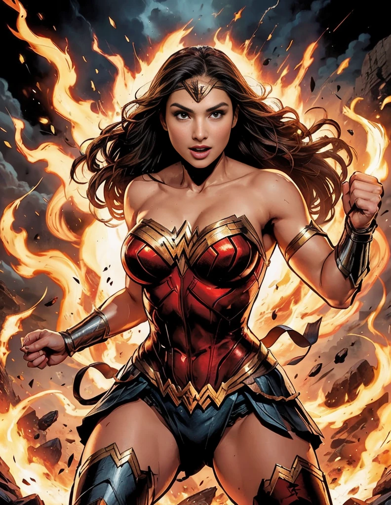 romantic，masterpiece，high quality，Fierce Battle，demon，flame，lightning，hell，Behemoth， a girl, Gal Gadot plays Wonder Woman, sexy body, Beautiful face，A charming smile，Lively expressions，，seduce。huge breasts, Huge ass, plump body, sexy bra, sexy thong、Hand-held treasure，Combat Action，，Camel toes are clear，Magic high quality paintings，