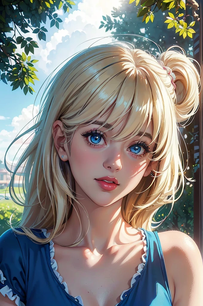 (((Masterpiece ,Best Quality, Highest quality realistic retro anime....))),(((like angelic Zooey Deschanel ))), blue dress, top wo nerae!, 1 girl, alone, ((hyper realistic long light blonde )), looking at the viewer, SMILE, Hits,highly detailed light blue eyes shirt, Closed mouth, very light blonde hair , exterior, sky, day, cloud, tree, blue sky, lips, separate blows, eyelashes, make up, light SMILE, lipstick, portrait, close up, ((retro Best Quality, hyper realistic highest quality artEstiloo)), 1980s  ,((fine very light blonde thin hair with very real details))exterior, sky, day, cloud, tree, blue sky, lips, separate blows, eyelashes, make up, light SMILE, lipstick, portrait, close up, ((retro Best Quality, hyper realistic highest quality artEstiloo)), 1980s (realistic style)