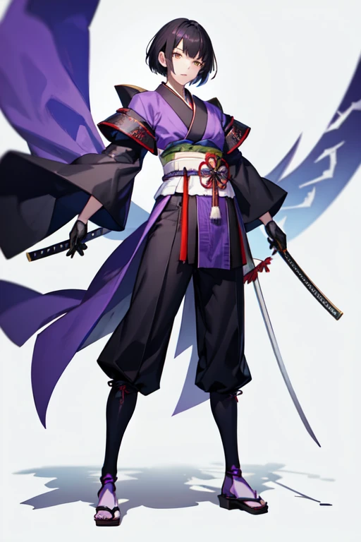 A samurai Man with short black hair in purple kimono, black pants with dark purple samurai gloves and dark purple waist armor