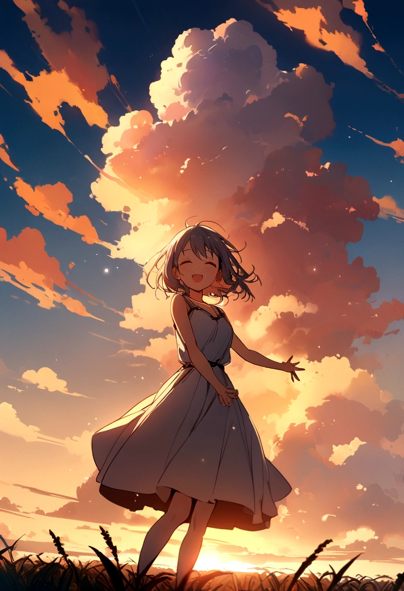 masterpiece, Highest quality, Movie stills, One girl, Cloud Girl, Floating in the sky, close, bright, Happy, Warm and soft lighting, sunset, (spark:0.7)