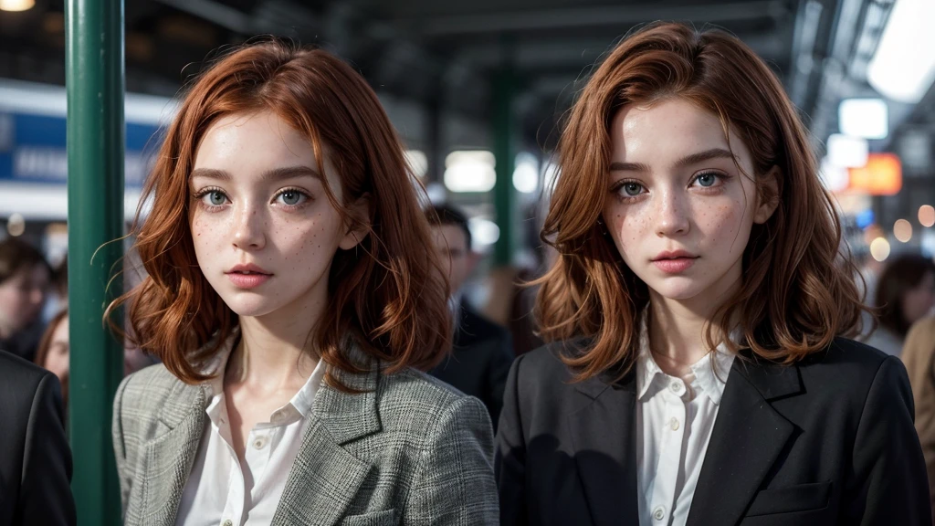 Here's the description in English:
"At the metro station, a 22-year-old Irish woman with curly red hair, bright green eyes, and freckles on her face stands out in a stylish black suit. She is immersed in the bustling atmosphere of the station, her curls gently swaying as she observes the constant flow around her. A mix of determination and curiosity shines in her eyes, reflecting the dynamic energy of the urban environment."