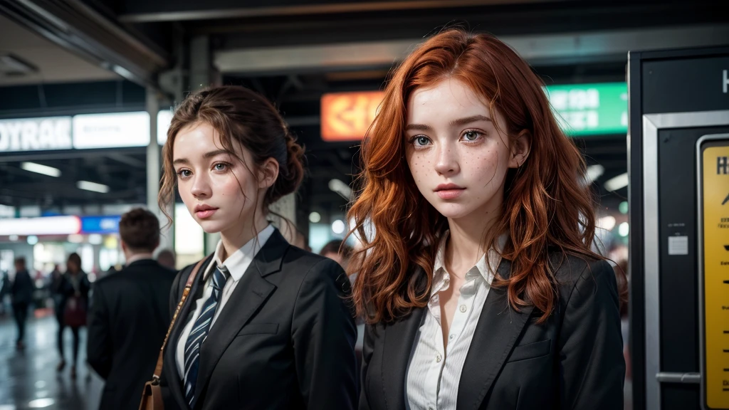 Here's the description in English:

"At the metro station, a 22-year-old Irish woman with curly red hair, bright green eyes, and freckles on her face stands out in a stylish black suit. She is immersed in the bustling atmosphere of the station, her curls gently swaying as she observes the constant flow around her. A mix of determination and curiosity shines in her eyes, reflecting the dynamic energy of the urban environment."