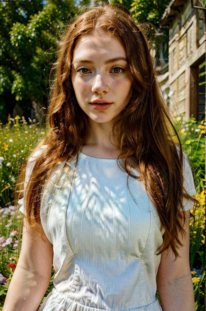 beautiful white skin redhead girl, 1girl, detailed face, beautiful green eyes, long eyelashes, full lips, detailed facial features, outdoor, garden, meadow, sunlight, natural lighting, warm colors, vibrant colors, cinematic, photorealistic, highly detailed, 8k, best quality, masterpiece, digital painting