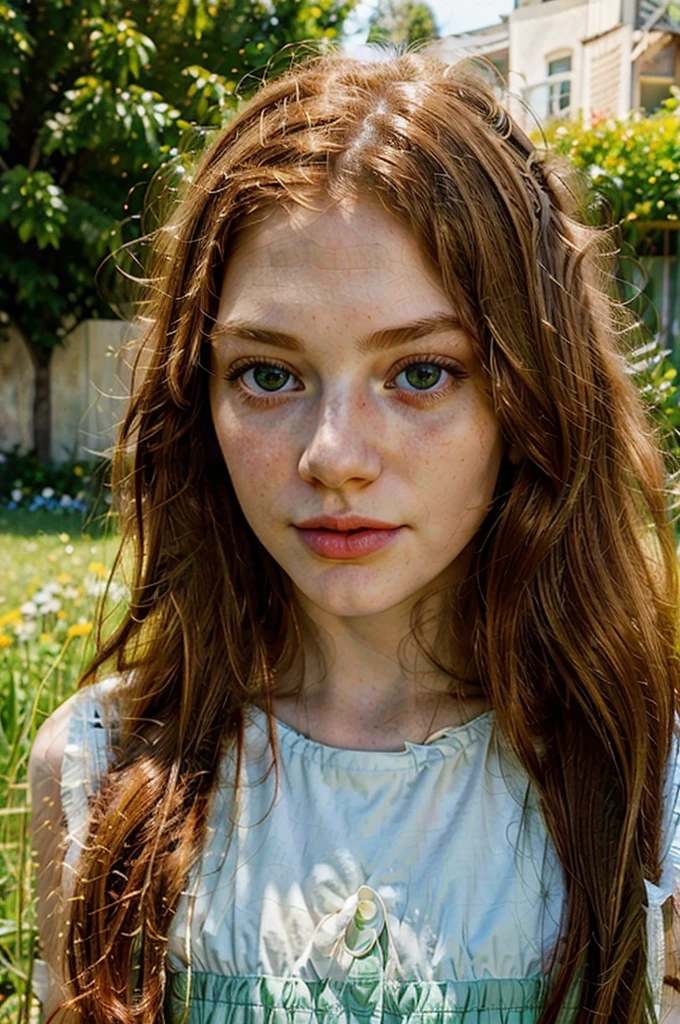 beautiful white skin redhead girl, 1girl, detailed face, beautiful green eyes, long eyelashes, full lips, detailed facial features, outdoor, garden, meadow, sunlight, natural lighting, warm colors, vibrant colors, cinematic, photorealistic, highly detailed, 8k, best quality, masterpiece, digital painting