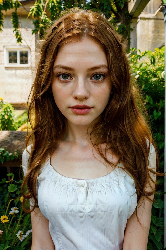 beautiful white skin redhead girl, 1girl, detailed face, beautiful green eyes, long eyelashes, full lips, detailed facial features, outdoor, garden, meadow, sunlight, natural lighting, warm colors, vibrant colors, cinematic, photorealistic, highly detailed, 8k, best quality, masterpiece, digital painting