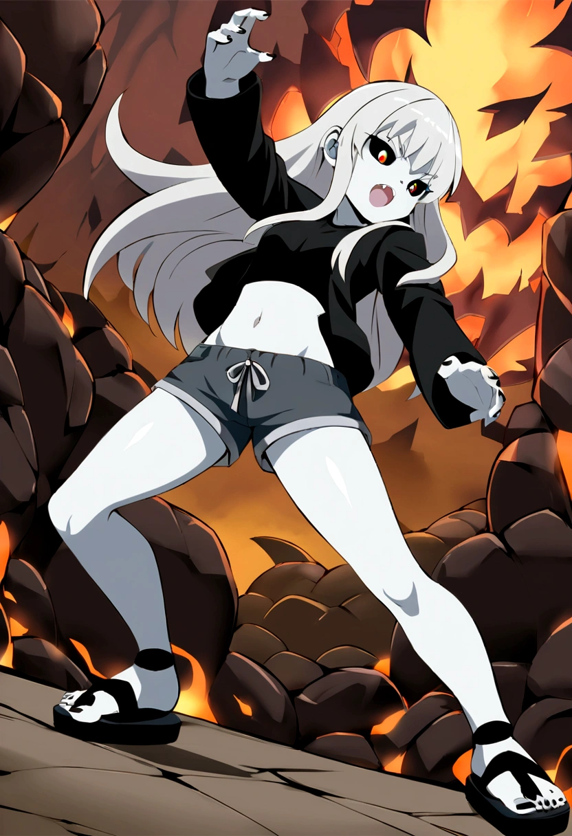 anime style girl 1,70 long light gray hair gray skin shark teeth and eyes with black sclera gray irises and light gray pupils very thick and strong legs but no breasts doing a combat stance in a combat arena surrounded by lava while dressed in a thick black jacket with a black shirt that does not cover the navel and shorts with sandals on the feet