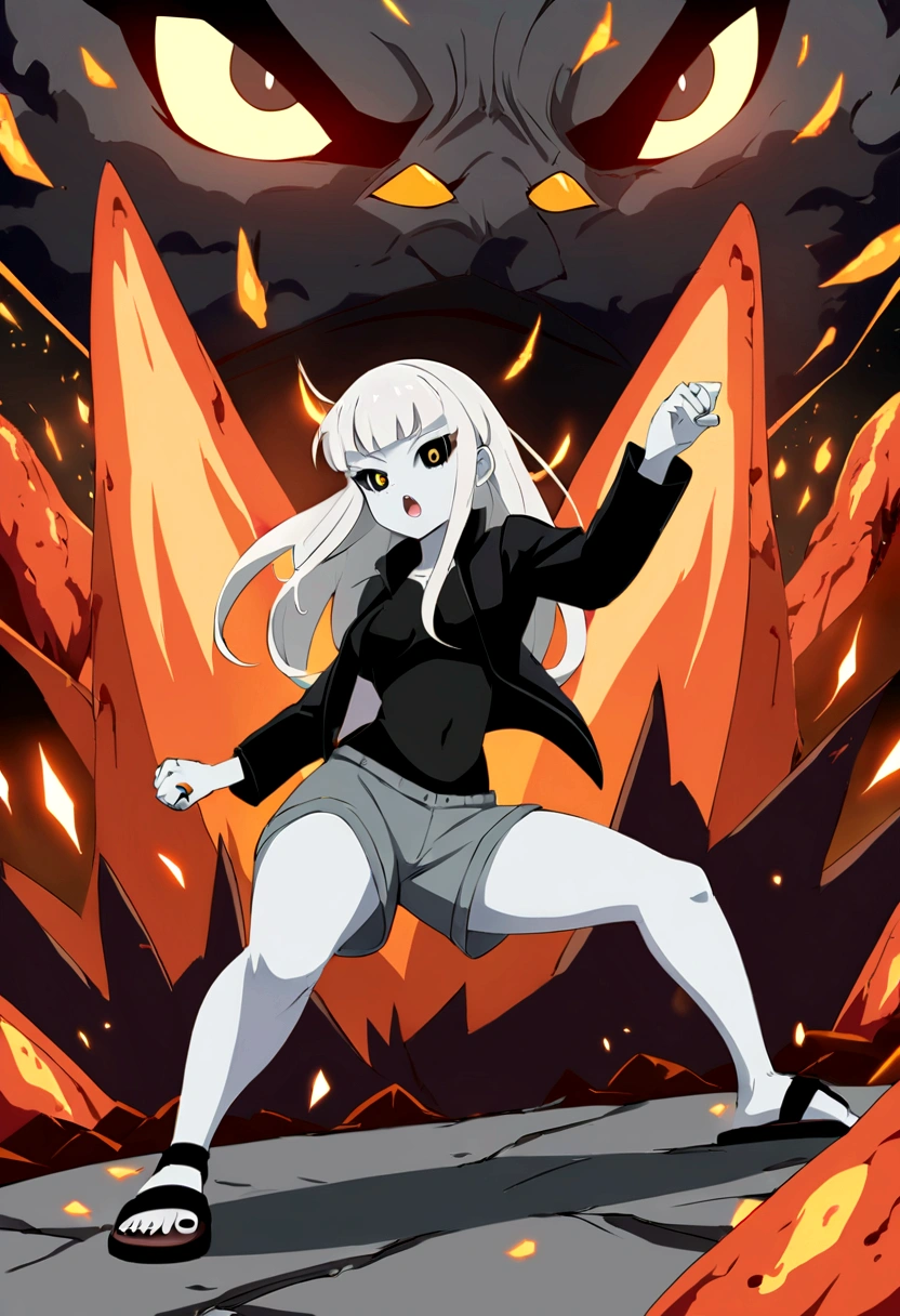 anime style girl 1,70 long light gray hair gray skin shark teeth and eyes with black sclera gray irises and light gray pupils very thick and strong legs but no breasts doing a combat stance in a combat arena surrounded by lava while dressed in a thick black jacket with a black shirt that does not cover the navel and shorts with sandals on the feet
