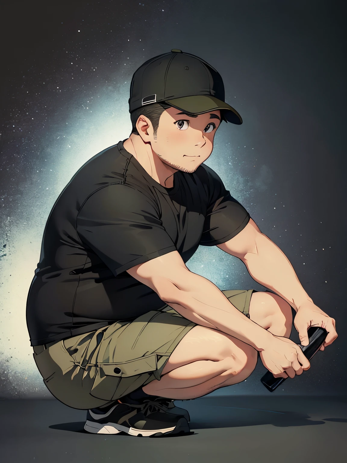 A chubby 35-year-old man kneeling、((Angle from the front))、Black Background、Black cap、Black T-shirt、((Khaki half pants))、whole body、