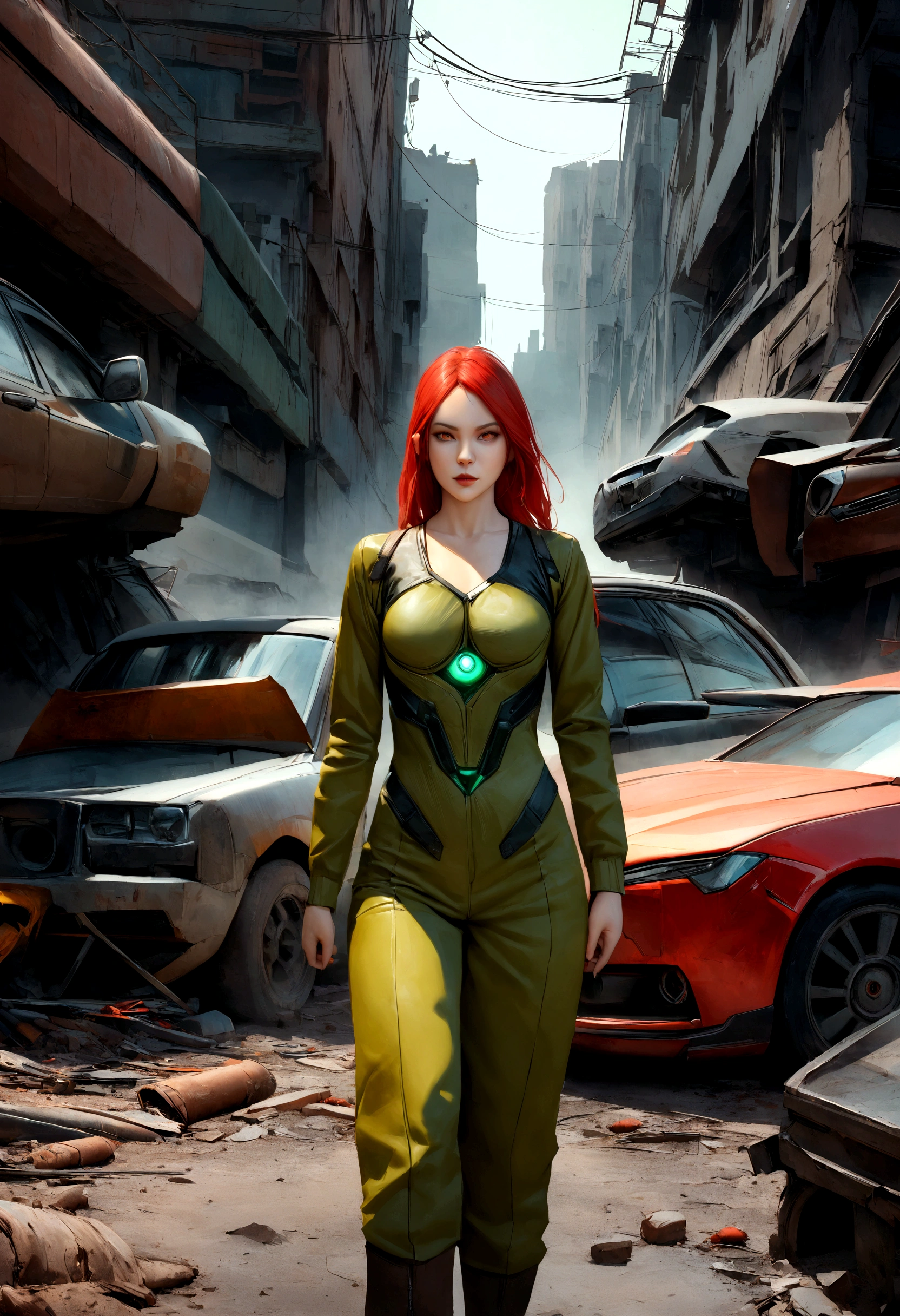 Animatrix style, ultrarealistic, cyberpunk, sci-fi, character, female, ultra textured, perfect face. A beautiful red-haired mechanic has mutant powers, she is powerful and walks empowered in the middle of a large car graveyard. Her wardrobe has dark red, dark green and dark yellow colors.