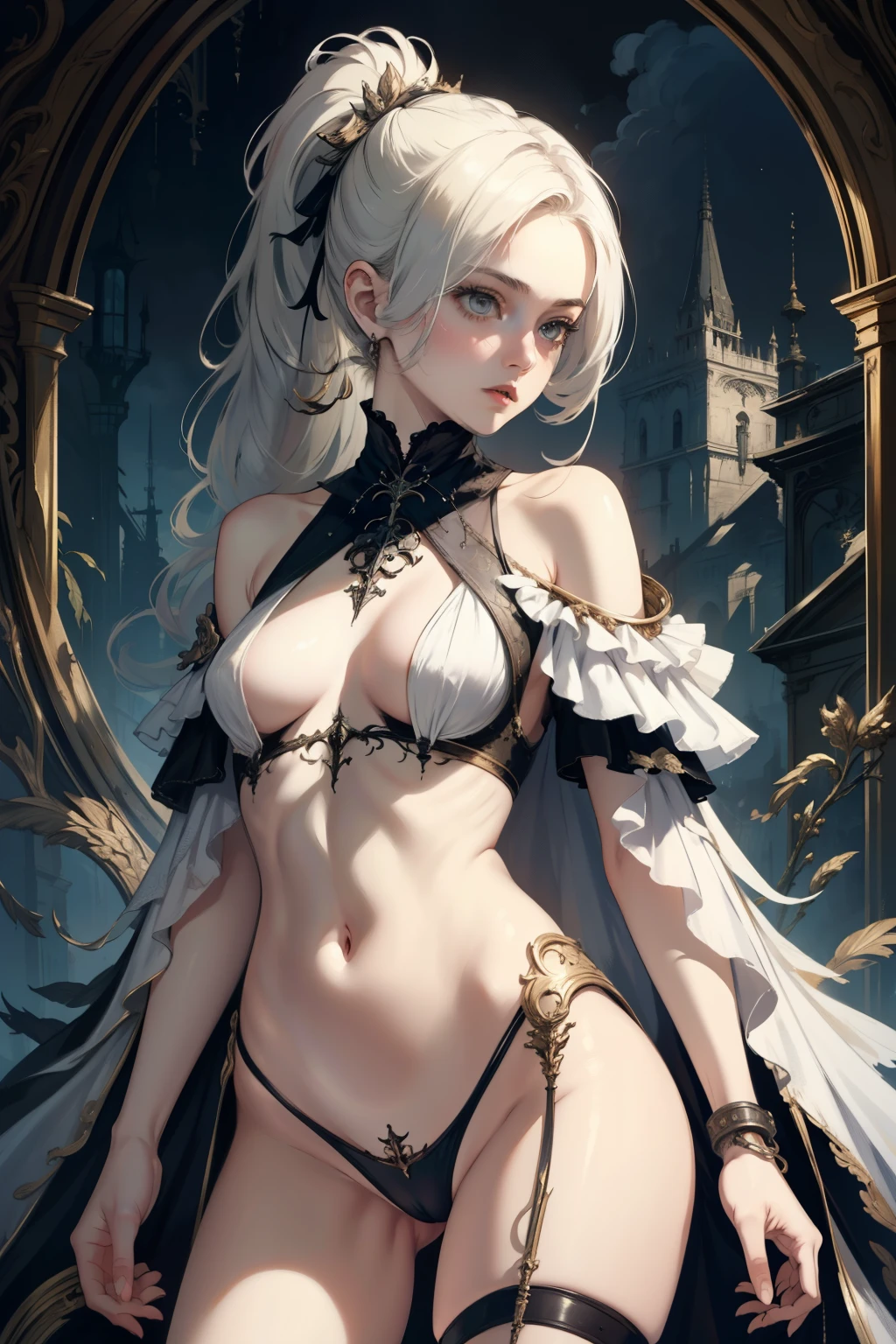  ((best quality)), ((masterpiece)), (detailed), 1girl, NSFW, small breasts, prominent collarbones, skinny arms, flat stomach, visible hip bones, long hair, ponytail, thick ponytail, heavy ponytail, red and white clothing, Bloodborne inspired, occult aesthetic, occult, detailed and intricate steampunk and detailed gothic 