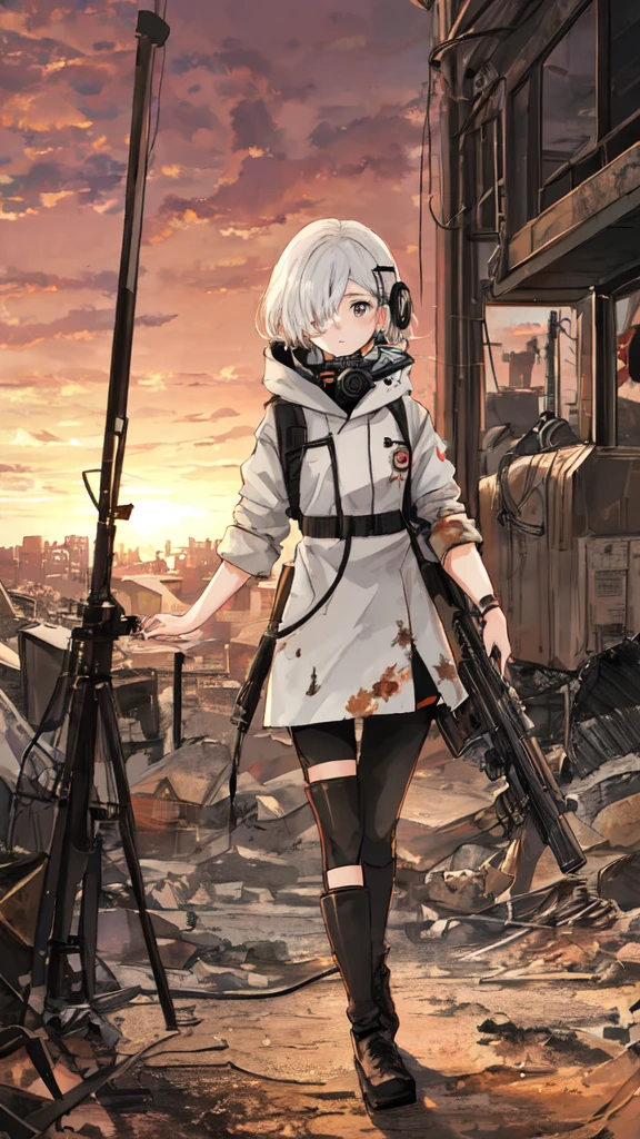 
a 20 year old girl, from the anime jujutsu kaisen, full body, from head to toe, short white hair, one eye blue and the other brown, with a detailed gas mask on her face, beautiful, full body, with a sniper, with a destroyed city in the background at sunset, high quality, hyper detailed 4k