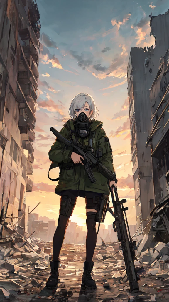 a 20 year old girl, from the anime jujutsu kaisen, full body, from head to toe, short white hair, one eye blue and the other brown, with a detailed gas mask on her face, beautiful, full body, with a sniper, with a destroyed city in the background at sunset, high quality, hyper detailed 4k