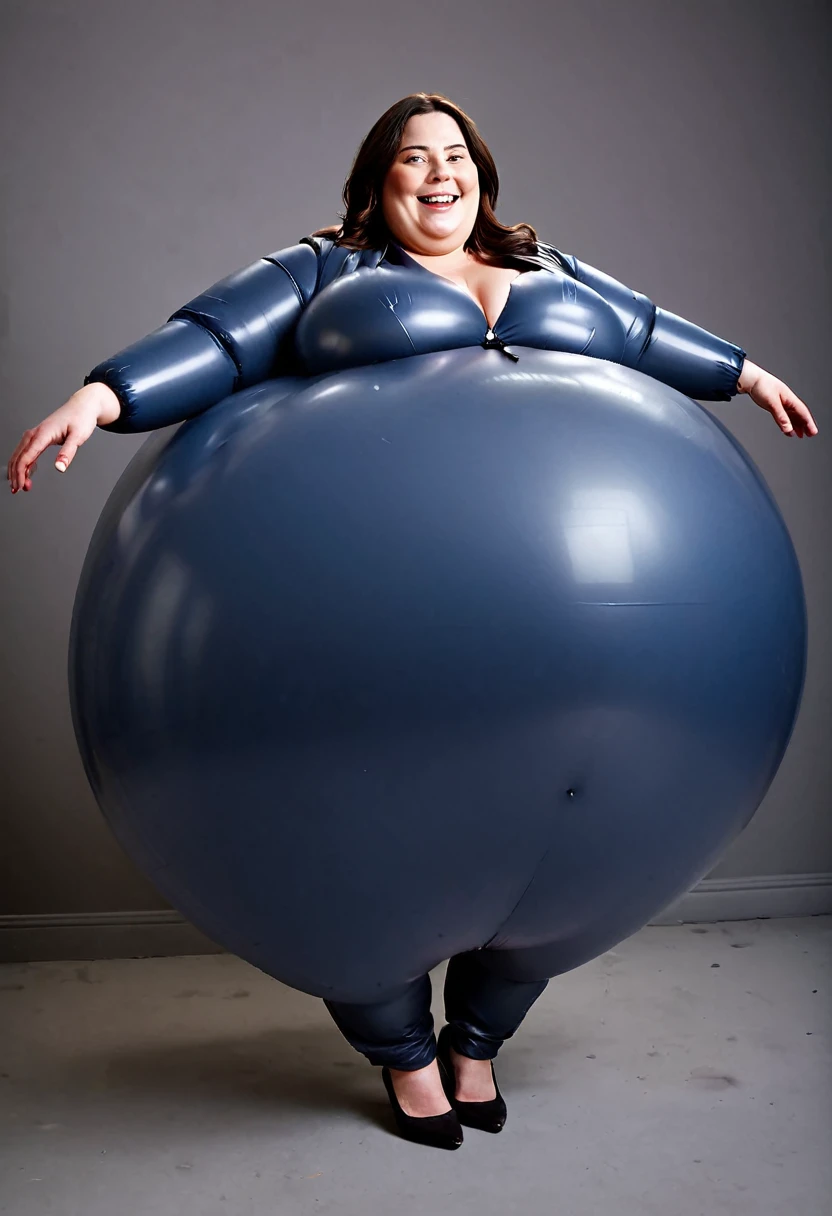 Thick bottom heavy, curvy, wide hipped 30 year old british woman, she is wearing a business suit, she is laying on her belly, she gets bloated and inflated like a gigantic fat air baloon, she is laughing as her wife rolls her giant balooned self away