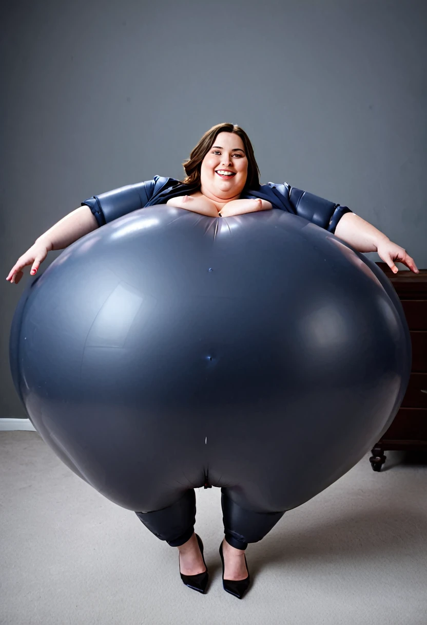 Thick bottom heavy, curvy, wide hipped 30 year old british woman, she is wearing a business suit, she is laying on her belly, she gets bloated and inflated like a gigantic fat air baloon, she is laughing as her wife rolls her giant balooned self away