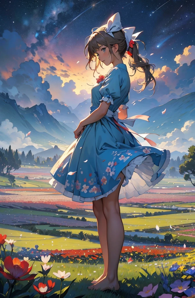 Alice in Wonderland, (Bow on the head:1.1), Upper Body，有一个女孩Standing in the flower field仰望天空, Standing in the flower field的女孩, A girl walks in a flower field, Lost in Wonderland, Standing in the flower field, Fantastic numbers, The sky is gradually clearing, The starry sky gradually disappears，(many, Impressionism, painting), barefoot，barefoot，02