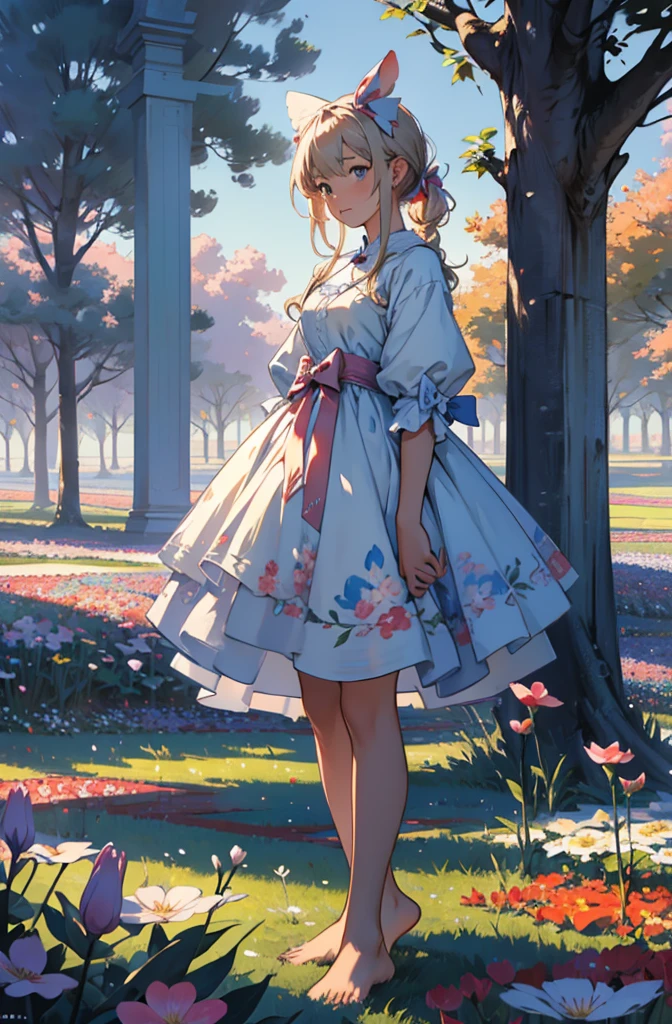 Alice in Wonderland, (Bow on the head:1.1), Upper Body，有一个女孩Standing in the flower field仰望天空, Standing in the flower field的女孩, A girl walks in a flower field, Lost in Wonderland, Standing in the flower field, Fantastic numbers, The sky is gradually clearing, The starry sky gradually disappears，(many, Impressionism, painting), barefoot，barefoot，02