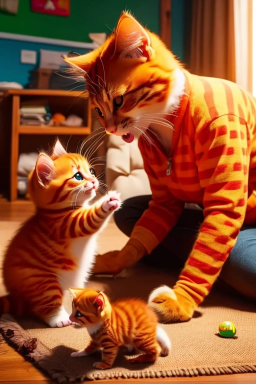 Happy kitten playing with its mother and brother 