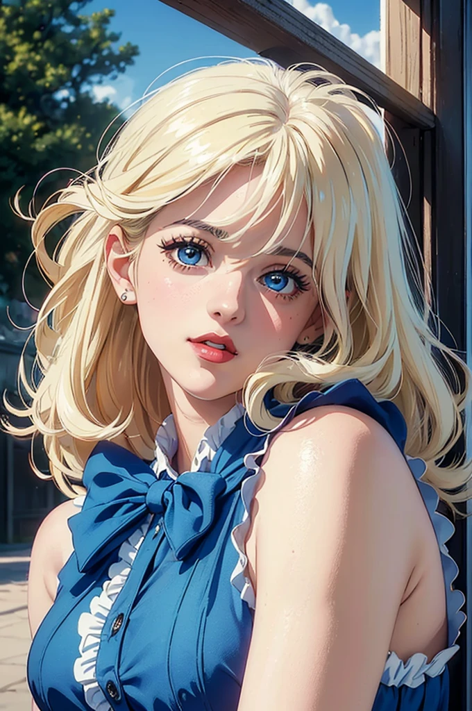 (((Masterpiece ,Best Quality, Highest quality realistic retro anime....))),(((like angelic Zooey Deschanel ))), blue dress, top wo nerae!, 1 girl, alone, ((hyper realistic long light blonde )), looking at the viewer, SMILE, Hits,highly detailed light blue eyes shirt, Closed mouth, very light blonde hair , exterior, sky, day, cloud, tree, blue sky, lips, separate blows, eyelashes, make up, light SMILE, lipstick, portrait, close up, ((retro Best Quality, hyper realistic highest quality artEstiloo)), 1980s ,((fine very light blonde thin hair with very real details))exterior, sky, day, cloud, tree, blue sky, lips, separate blows, eyelashes, make up, light SMILE, lipstick, portrait, close up, ((retro Best Quality, hyper realistic highest quality artEstiloo)), 1980s (realistic style)