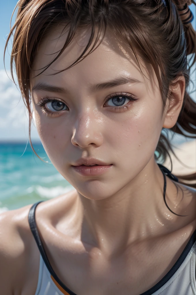 A closeup of a person in a bikini, top e shorts;, realistic bikini, asuka as a surfer model, dead or alive 6, CG game, [ 4K PhotoRealism ]!!, Overwatch Tracer in bikini, [ 4K PhotoRealism ]!!!, summer unreal engine 5, photorealistic perfect body, anime cgi style, 4k detailed human!!!