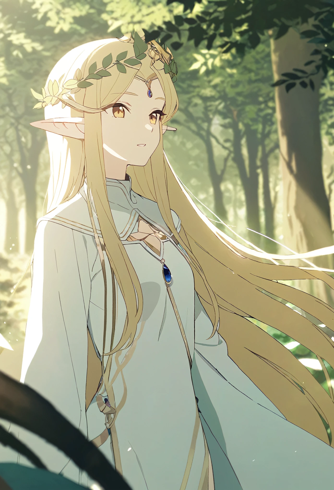Elf girl, long blond straight hair, white long robe with gold designs, Healer, wreath on his head, forest background