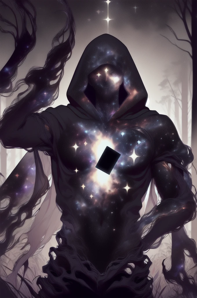 dark celestialskin body , void cosmic body, colored skin, flat color, jet black skin, a white cloak, hood on, holding an open book infront of him, silhouette,1boy, 
portrait, upper body,in a forest , front view, holding a book, a flying book, flying pages.