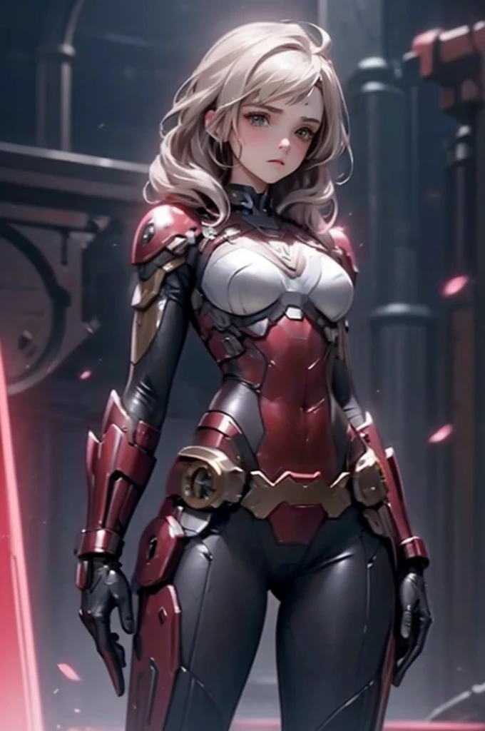 1girl, Merge Emma Watson mix Scarlett Johansson, (big breasts sticking out:2, small waist, medium hips), gray color slim fit ironman dressed, red color slim fit batman armor, black color wonder-woman dressed armor