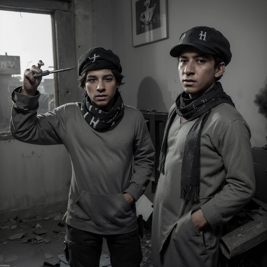 (very sharp result, full body desaturated photo) (((textile shading))), (((Best Quality))), (((masterpiece))), (((hyper realistic photo))) on war situation (dramatic candid photography) contract backlight lighting treatment: (iconic banksy pose) a boy with cap & arabic scarf throw a molotov cocktail, dramatic situation full of smoke & debris