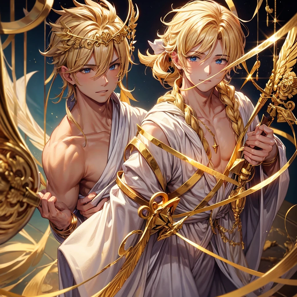Make me a blond man wearing the robes of a Greek god He was Cupid so Make him with a grand, golden bow with heart details He will follow a clasp whose tip has a golden heart