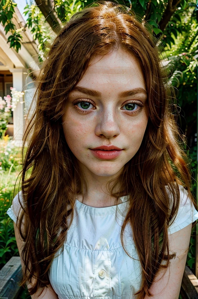 beautiful white skin redhead intense girl, 1girl, detailed face, beautiful green eyes, long eyelashes, full lips, detailed facial features, outdoor, garden, meadow, sunlight, natural lighting, warm colors, vibrant colors, cinematic, photorealistic, highly detailed, 8k, best quality, masterpiece, digital painting