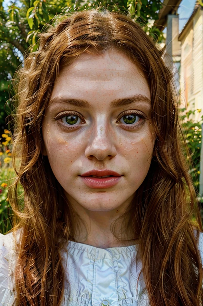 beautiful white skin redhead intense girl, 1girl, detailed face, beautiful green eyes, long eyelashes, full lips, detailed facial features, outdoor, garden, meadow, sunlight, natural lighting, warm colors, vibrant colors, cinematic, photorealistic, highly detailed, 8k, best quality, masterpiece, digital painting