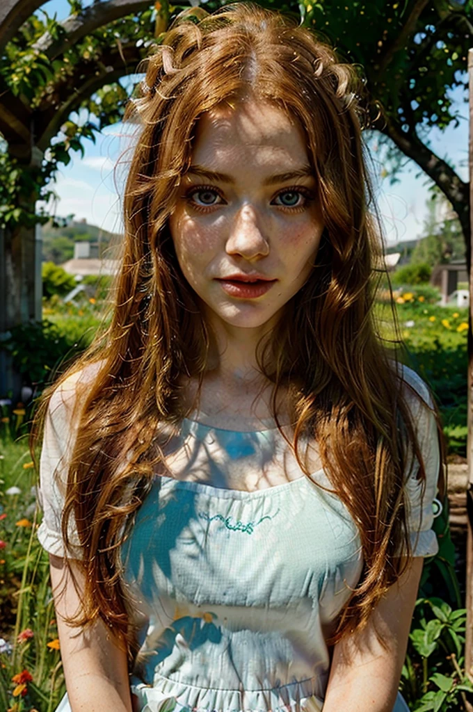 beautiful white skin redhead intense girl, 1girl, detailed face, beautiful green eyes, long eyelashes, full lips, detailed facial features, outdoor, garden, meadow, sunlight, natural lighting, warm colors, vibrant colors, cinematic, photorealistic, highly detailed, 8k, best quality, masterpiece, digital painting