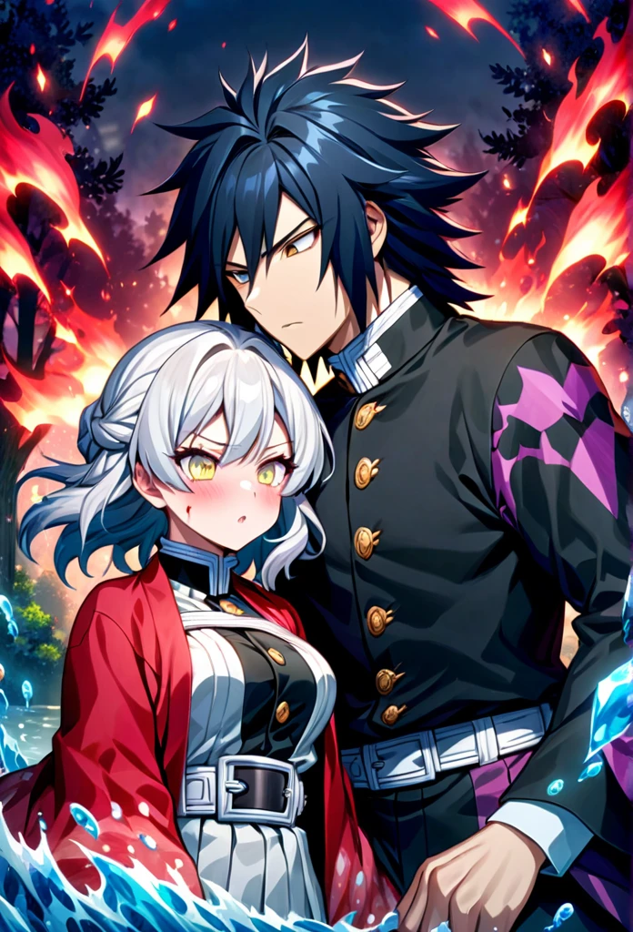 Ultra detailed, high resolution, absurd, HDR, masterpiece, anime girl and boy, beautiful woman (with long white hair with deep red streaks, woman (with yellow eyes), the woman (is wearing a red haori), in black demon slayer corps uniform, Kimetsu No Yaiba, fantasy, handsome, Tomioka Giyu, Hashira, Tomioka is serious, couple, night, forest, best quality, extremely detailed face, anime, the girl is really hurt, the girl is covered in blood , Tomioka is a strong man, the girl is angry, Tomioka Giyu is trying to protect the pretty girl, Tomioka is protecting his lover, both are powerfull, powerfull couple, water and blood power, water hashira, blood hashira