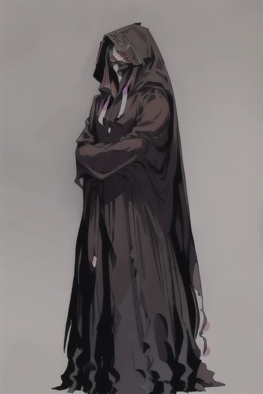 No name assassin, red eyes, cloak, long robe, long skirt, mask, hood, long cape, standing, full body, best quality, masterpiece, 