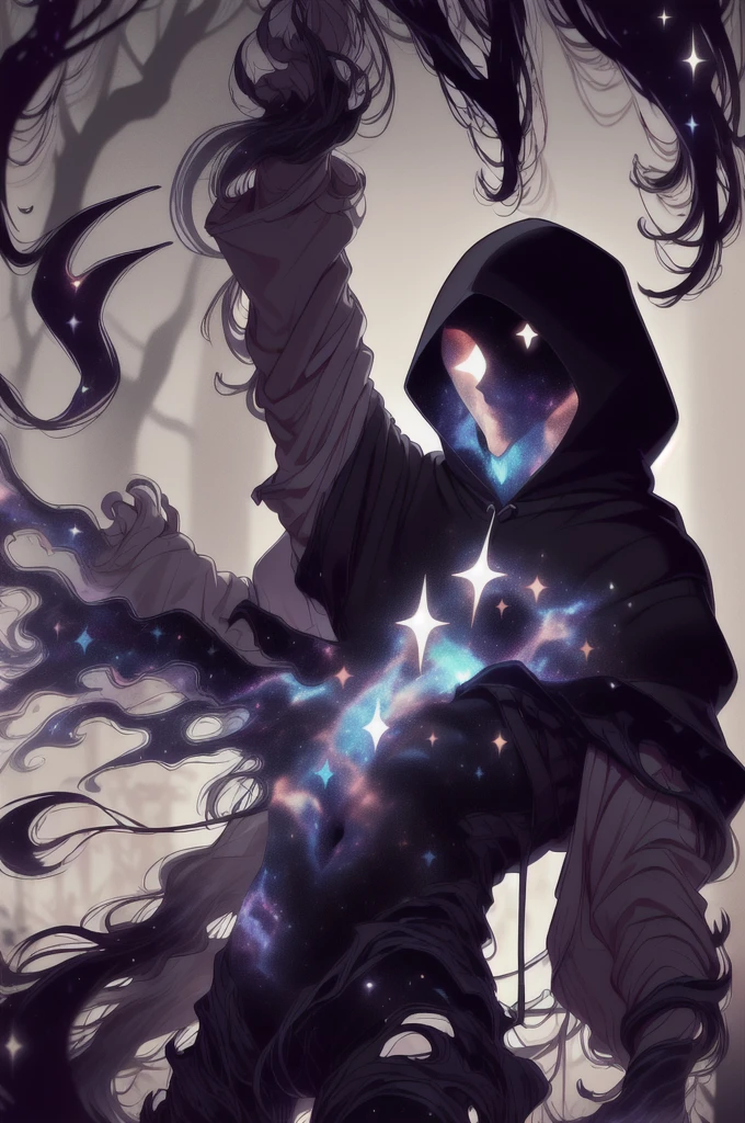 dark celestialskin body , void cosmic body, colored skin, flat color, jet black skin, a white cloak, hood on, holding an open book infront of him, silhouette,1boy,
portrait, upper body,in a forest , front view, holding a book, a flying book, flying pages.