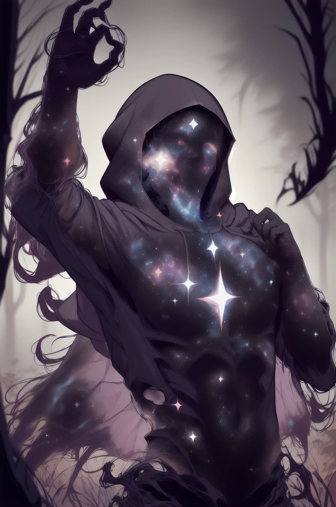 dark celestialskin body , void cosmic body, colored skin, flat color, jet black skin, a white cloak, hood on, holding an open book infront of him, silhouette,1boy,
portrait, upper body,in a forest , front view, holding a book, a flying book, flying pages.