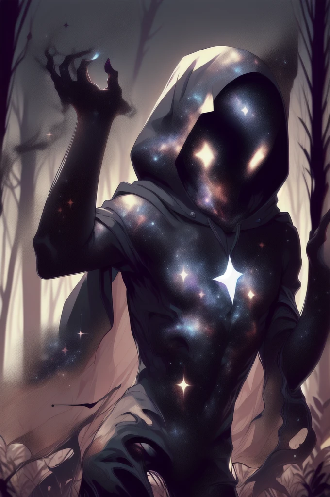 dark celestialskin body , void cosmic body, colored skin, flat color, jet black skin, a white cloak, hood on, holding an open book infront of him, silhouette,1boy, 
portrait, upper body,in a forest , front view, holding a book, a flying book, flying pages.