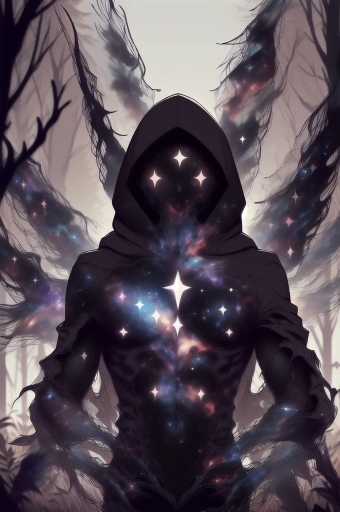 dark celestialskin body , void cosmic body, colored skin, flat color, jet black skin, a white cloak, hood on, holding an open book infront of him, silhouette,1boy,
portrait, upper body,in a forest , front view, holding a book, a flying book, flying pages.