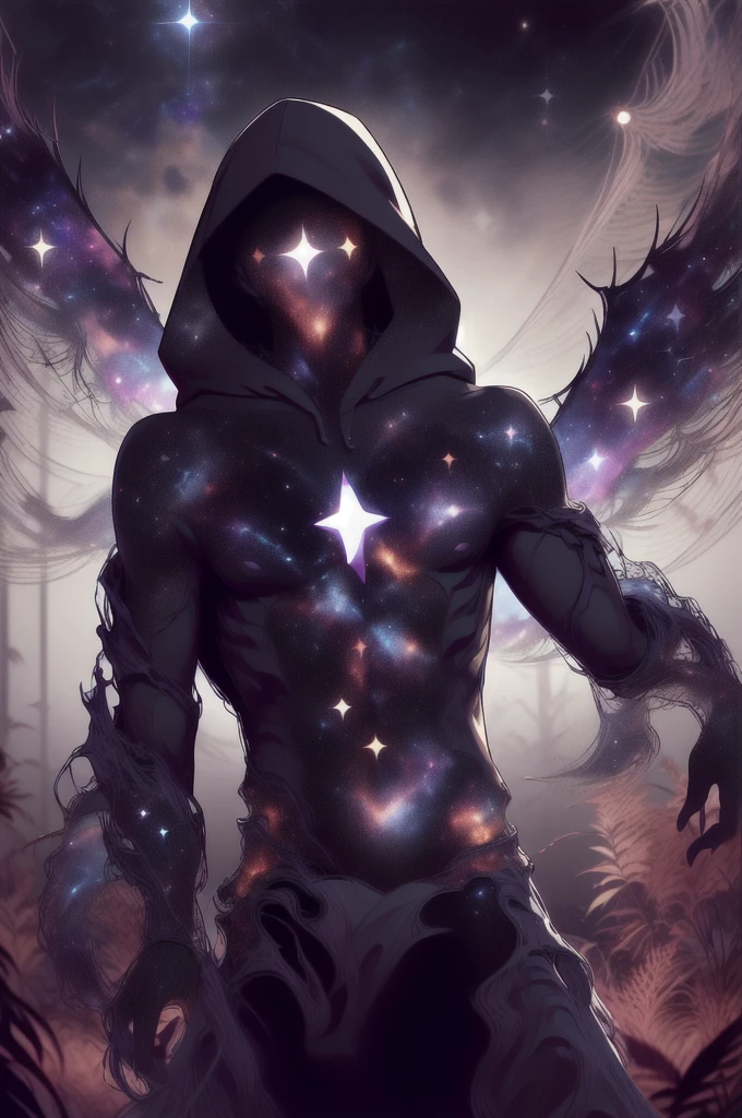 dark celestialskin body , void cosmic body, colored skin, flat color, jet black skin, a white cloak, hood on, holding an open book infront of him, silhouette,1boy,
portrait, upper body,in a forest , front view, holding a book, a flying book, flying pages.