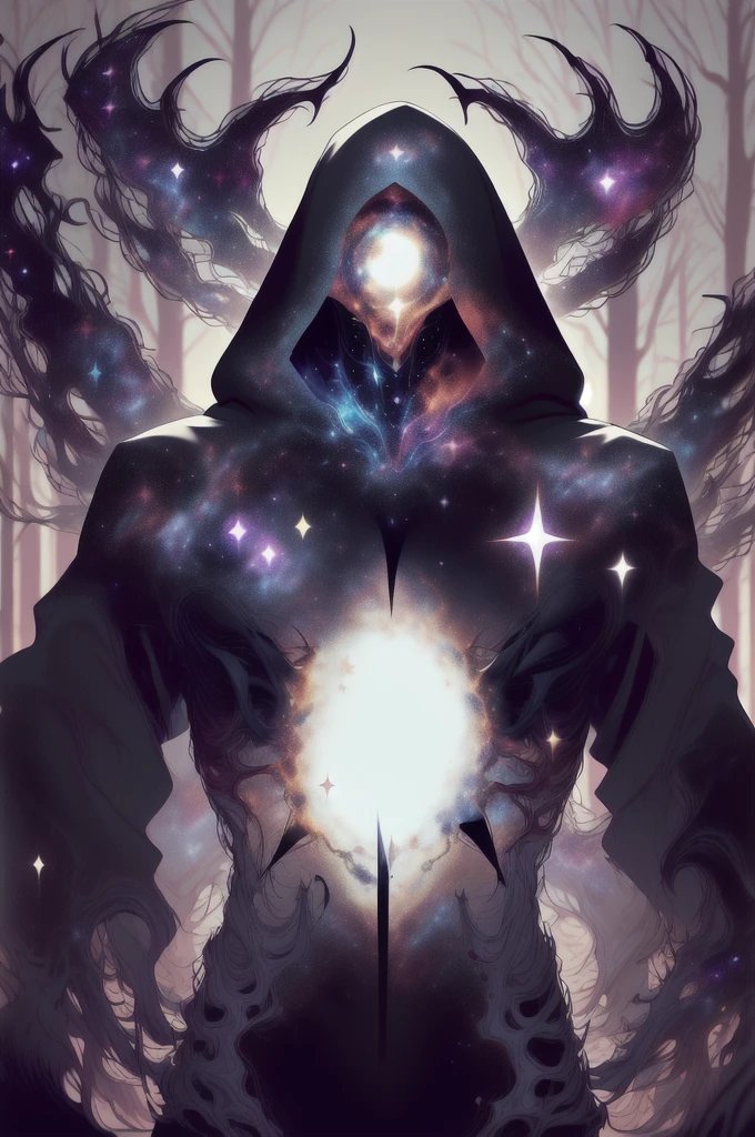 dark celestialskin body , void cosmic body, colored skin, flat color, jet black skin, a white cloak, hood on, holding an open book infront of him, silhouette,1boy, 
portrait, upper body,in a forest , front view, holding a book, a flying book, flying pages.