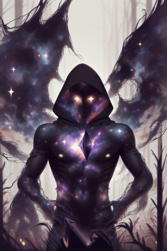 dark celestialskin body , void cosmic body, colored skin, flat color, jet black skin, a white cloak, hood on, holding an open book infront of him, silhouette,1boy,
portrait, upper body,in a forest , front view, holding a book, a flying book, flying pages.