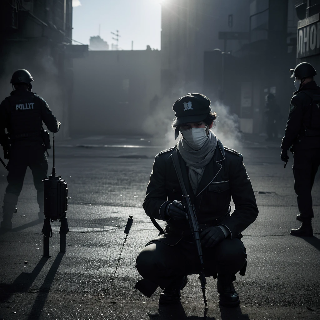 (very sharp result, full body desaturated photo) (((textile shading))), (((Best Quality))), (((masterpiece))), (((hyper realistic photo))) on war situation (dramatic candid photography) contract backlight silhouette shading lighting treatment: (iconic banksy pose) a boy with cap & scarf throw a molotov cocktail on riot situation, full smoke & chaos with police & people power