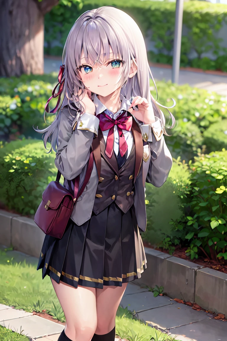 masterpiece, best quality, skirt, bag, jacket, socks, looking at viewer,plaid, blazer, brown hair, plaid skirt, black socks, long sleeves, bangs, open clothes, open jacket, bow, brown eyes, pleated skirt, bowtie, day, long hair, bush, red bow, kneehighs, shirt, closed mouth, sleeves past wrists, backpack, hand on own face, red bowtie, black jacket, school bag, blush, brown skirt, blurry, collared shirt, miniskirt, white shirt, cardigan, grass, sweater, light smile