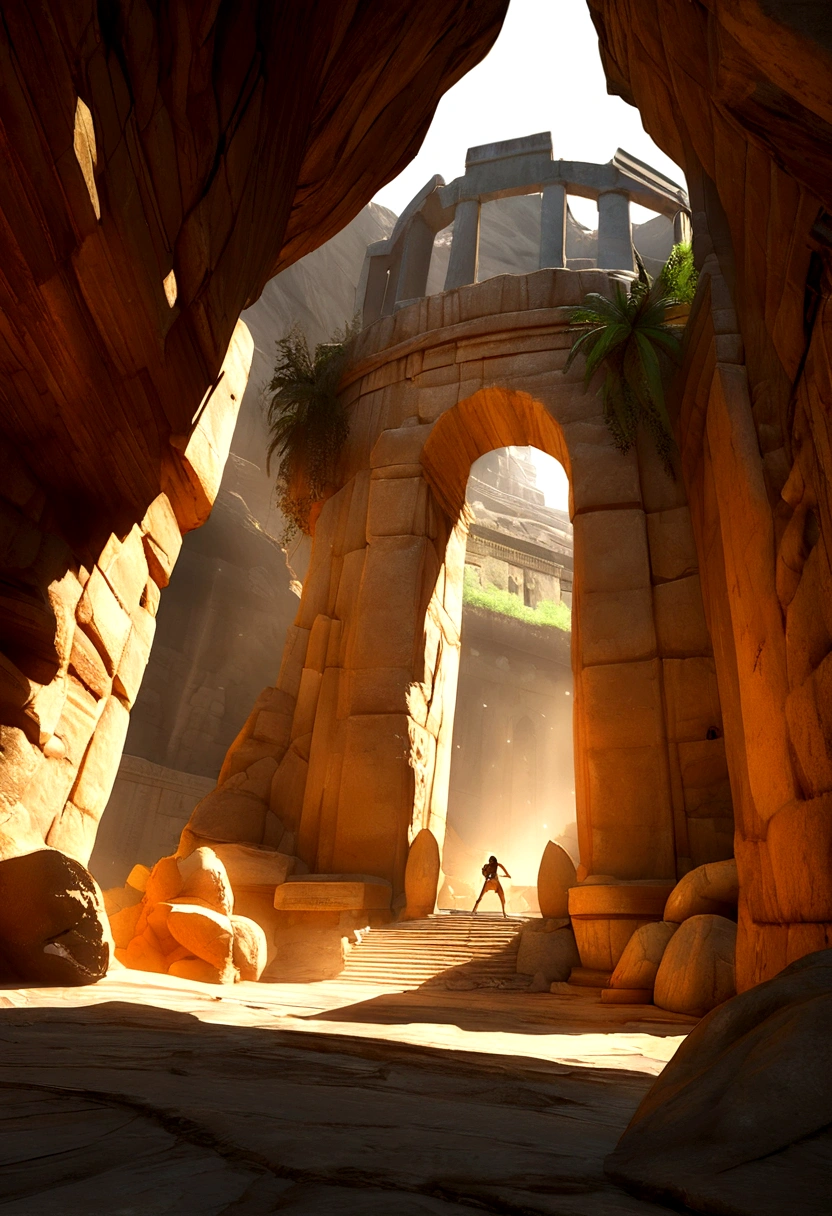 a detailed illustration by Lara Croft, in a 3D rendered style,stark,dynamic and confident pose,with their unique dual pistols,exploring ancient ruins,exotic landscapes and mystical artifacts,adventure,fierce determination,extraordinary stunts,with realisitic lighting and shadows,portraits,High contrast colors and dramatic lighting,sharp focus,physically based rendering,ultra detali,proffesional,HDR color grading,evocative atmosphere,full of action,realisitic,Tomb Raider,exploration,Segredos,treasure hunt,arcology,Jungle survival,climbing cliffs,swinging on ropes,underground chambers,dynamic camera angles,immerse,cinematic,exciting moments,gritty and realisitic textures,mysterious and ancient temples,Stealth movement,bright coloured,bokeh.