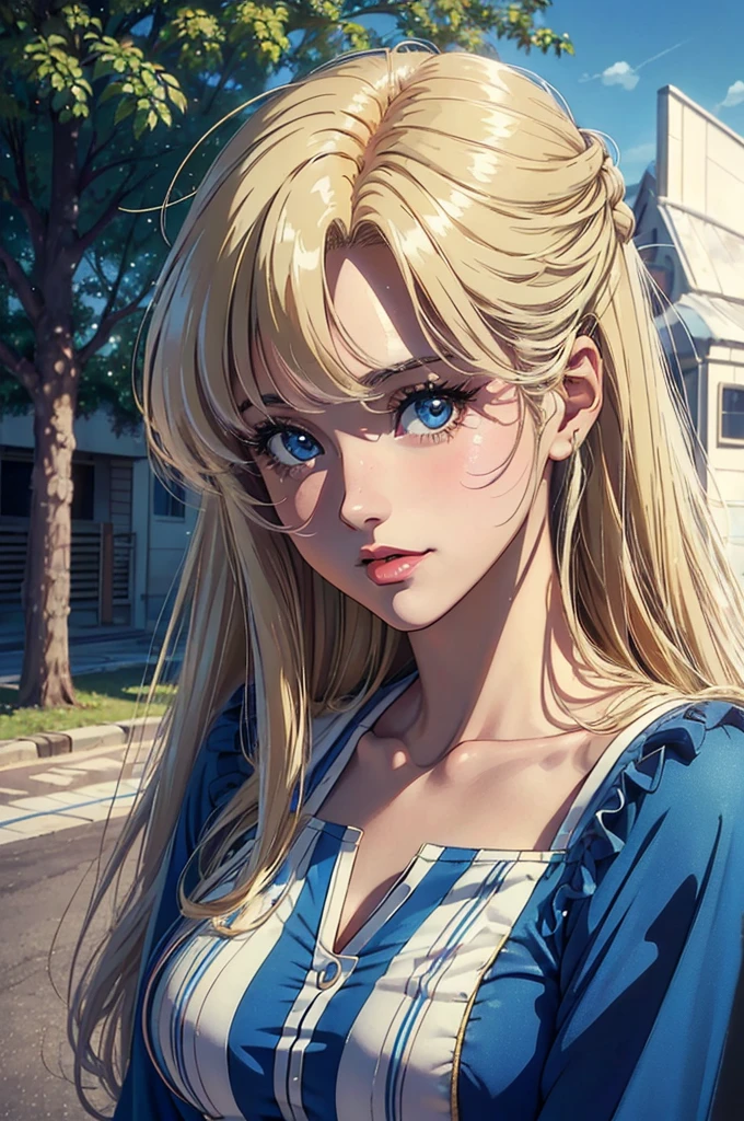 
(((Masterpiece ,Best Quality, Highest quality realistic retro anime....))),(((like angelic lynn minmay ))), blue dress, top wo nerae!, 1 girl, alone, ((hyper realistic long light blonde )), looking at the viewer, SMILE, Hits,highly detailed light blue eyes shirt, Closed mouth, very light blonde hair , exterior, sky, day, cloud, tree, blue sky, lips, separate blows, eyelashes, make up, light SMILE, lipstick, portrait, close up, ((retro Best Quality, hyper realistic highest quality artEstiloo)), 1980s ,((fine very light blonde thin hair with very real details))exterior, sky, day, cloud, tree, blue sky, lips, separate blows, eyelashes, make up, light SMILE, lipstick, portrait, close up, ((retro Best Quality, hyper realistic highest quality artEstiloo)), 1980s (realistic style)