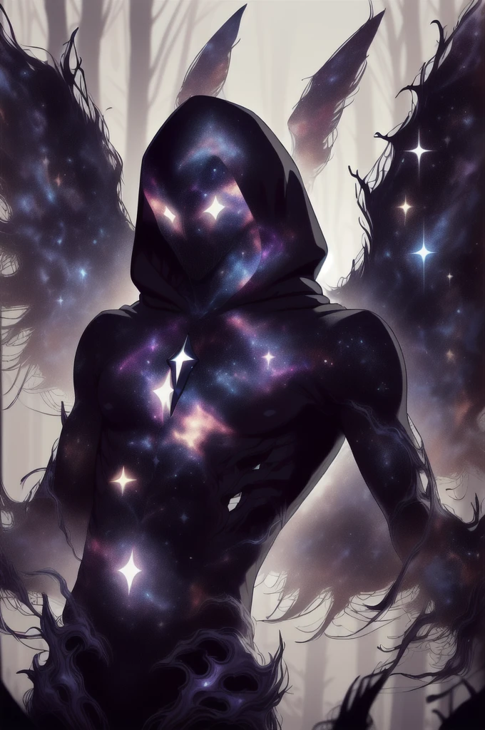 dark celestialskin body , void cosmic body, colored skin, flat color, jet black skin, a white cloak, hood on, holding an open book infront of him, silhouette,1boy,
portrait, upper body,in a forest , front view, holding a book, a flying book, flying pages.